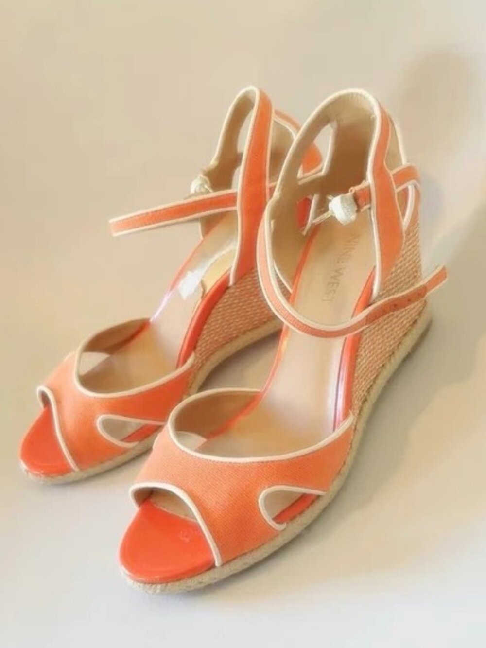 Nine West Jolie Orange White Espadrille Wedge Strappy Sandals
